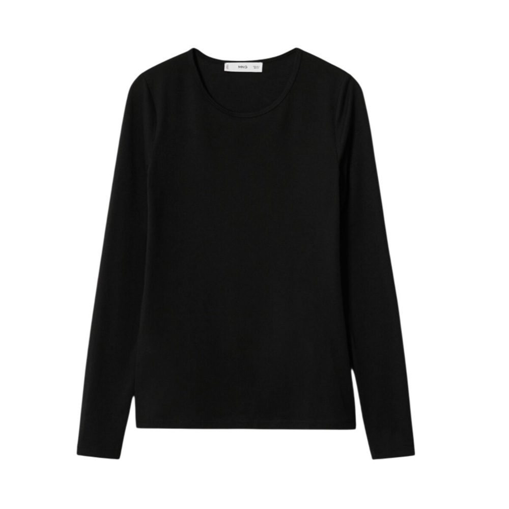 Mango Black Fine Knit Long Sleeve Crew Neck T Shirt Basic Layering Tee